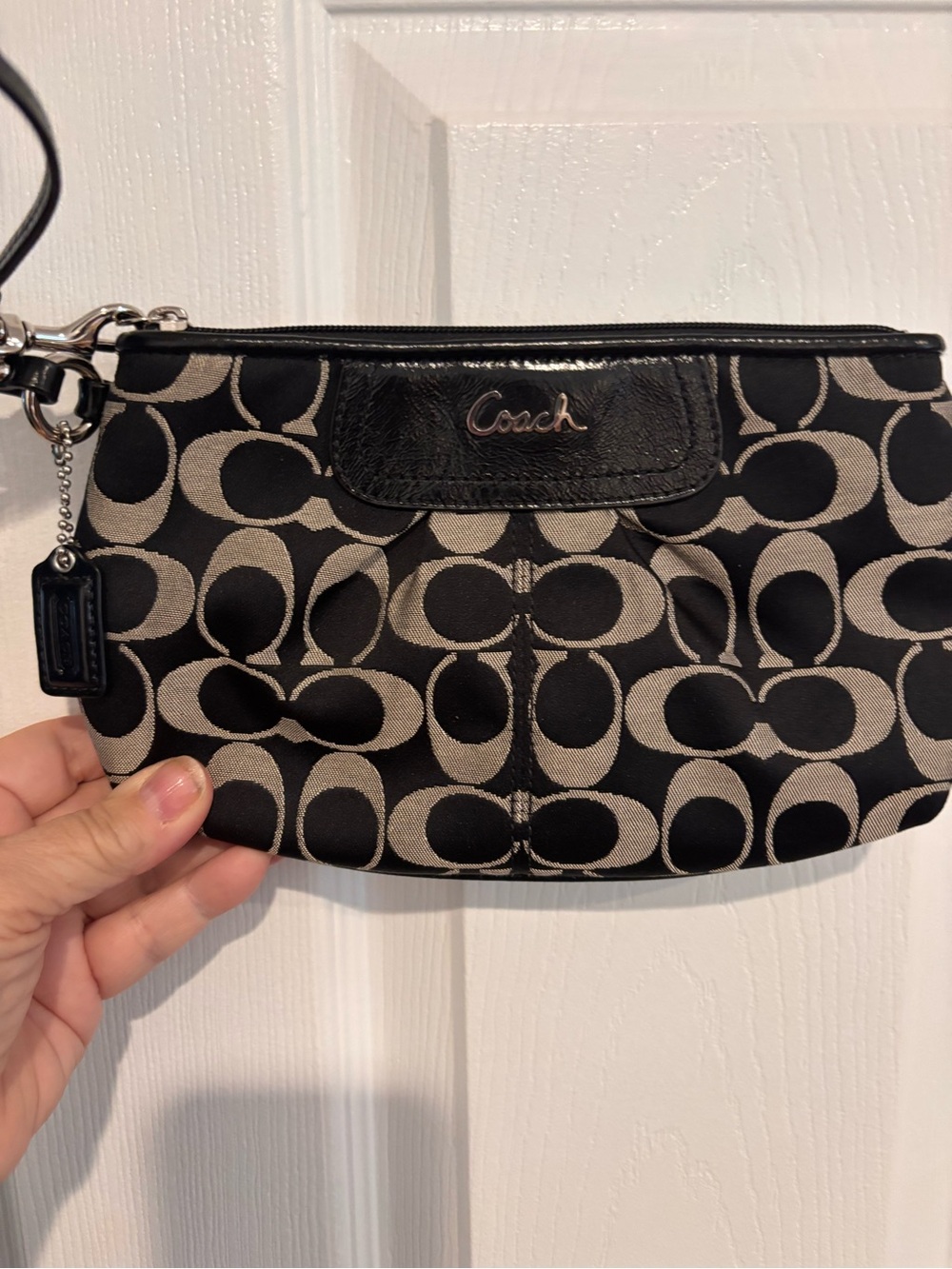 Coach Black and Khaki Signature Wristlet with Leather Trim